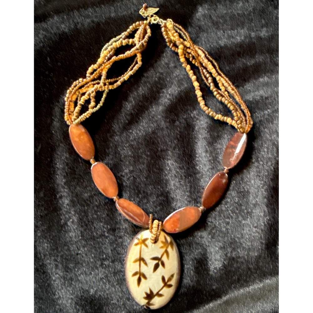 Coldwater‎ Creek Boho Beaded Necklace Large Leaf Pendant Natural